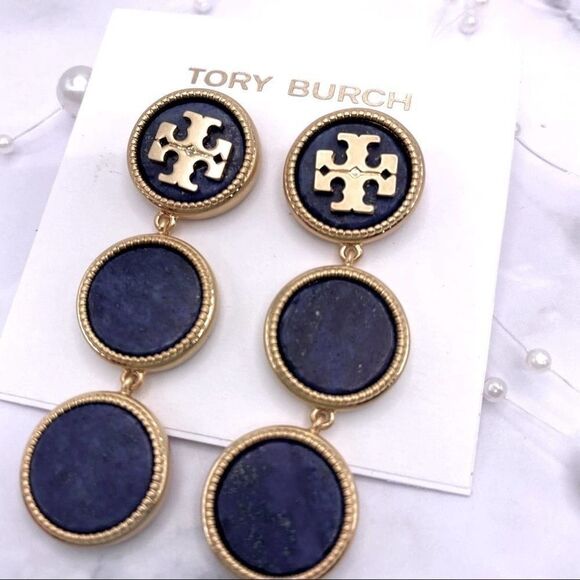New Tory Burch Gold Logo, Dark Blue Round Drop Dangle Stud Earrings - Picture 1 of 6
